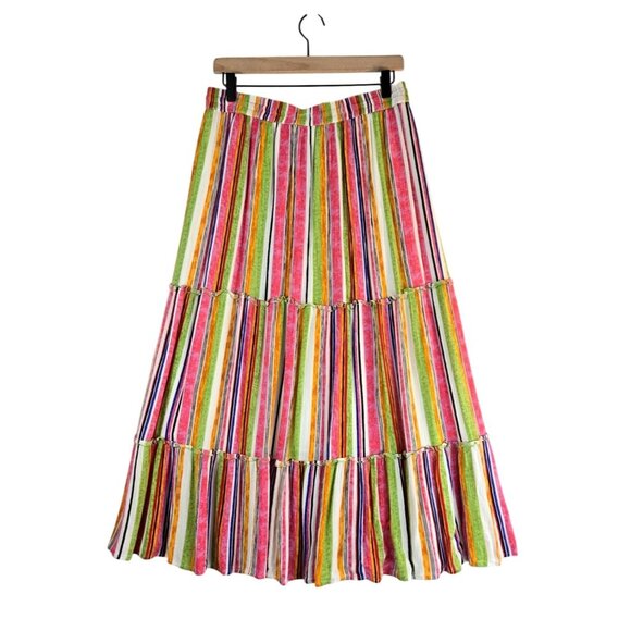 Boho Maxi Skirt Tiered Ruffle Colorful Sz L Gypsy Blu Vertical Hippie Cottage - Picture 6 of 13